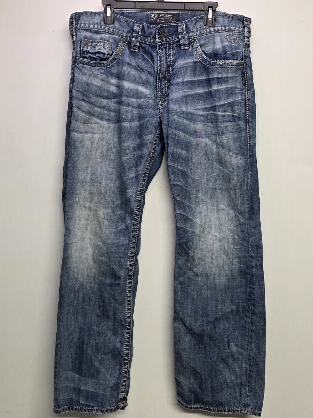 Y2K Silver Jeans Co. Men's Dark Wash Contrast Stitch Denim Jeans W36 L32